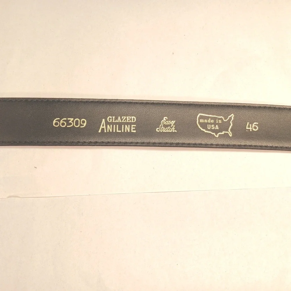 Lyntone Belt Mens 46 Black Good Glazed Aniline Leather Easy Stretch Made in USA